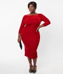 Unique Vintage Plus Size Red Velvet Sleeved Mod Wiggle Dress -Pleaser Clothing Store unique vintage plus size red velvet sleeved mod wiggle dress 792465