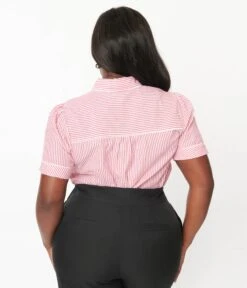 Unique Vintage Plus Size Red & White Stripe Heart Pocket Top -Pleaser Clothing Store unique vintage plus size red white stripe heart pocket top 612250