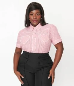 Unique Vintage Plus Size Red & White Stripe Heart Pocket Top