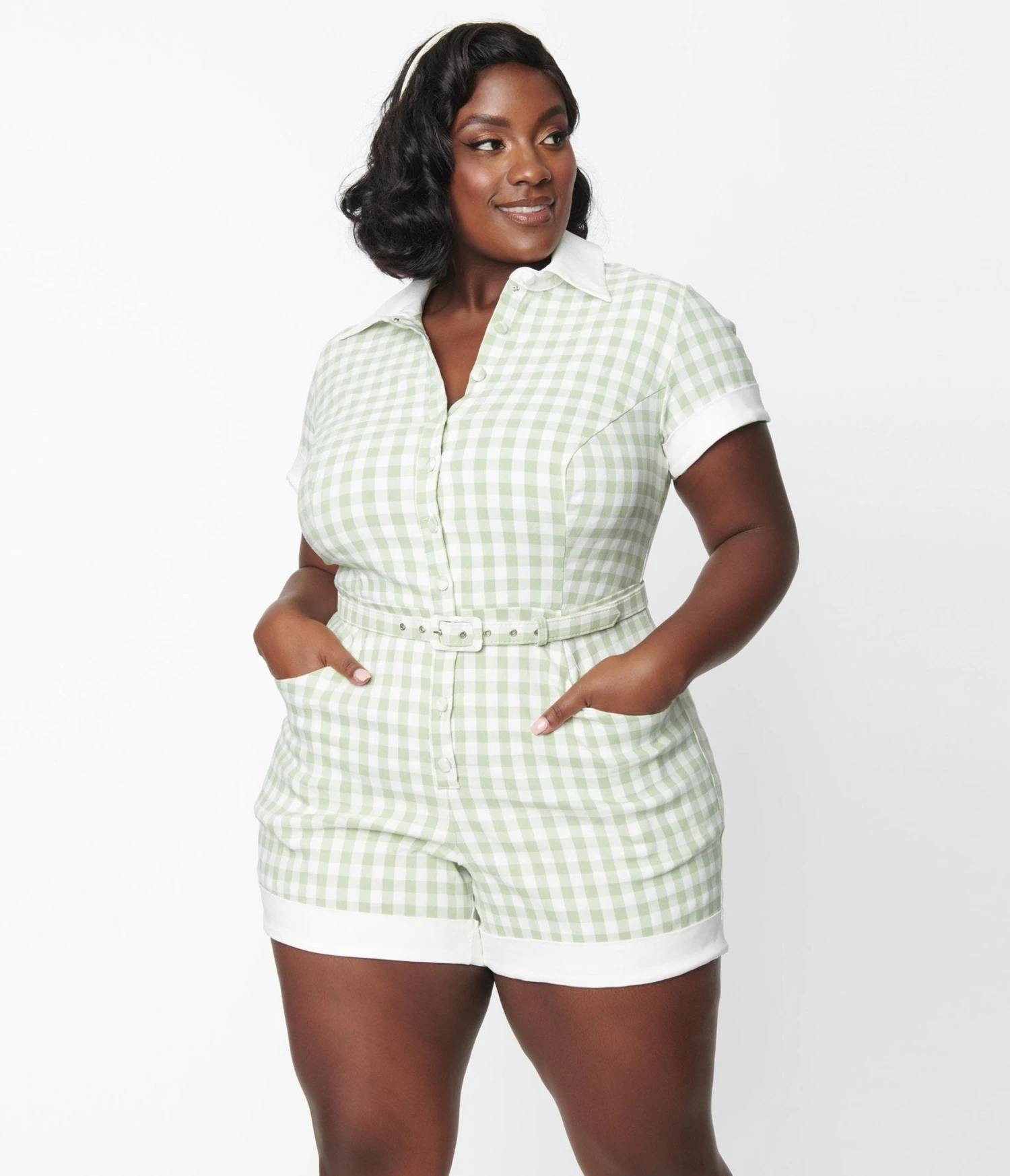 Unique Vintage Plus Size Sage & White Gingham Patsy Romper 1 Unique Vintage Plus Size Sage & White Gingham Patsy Romper