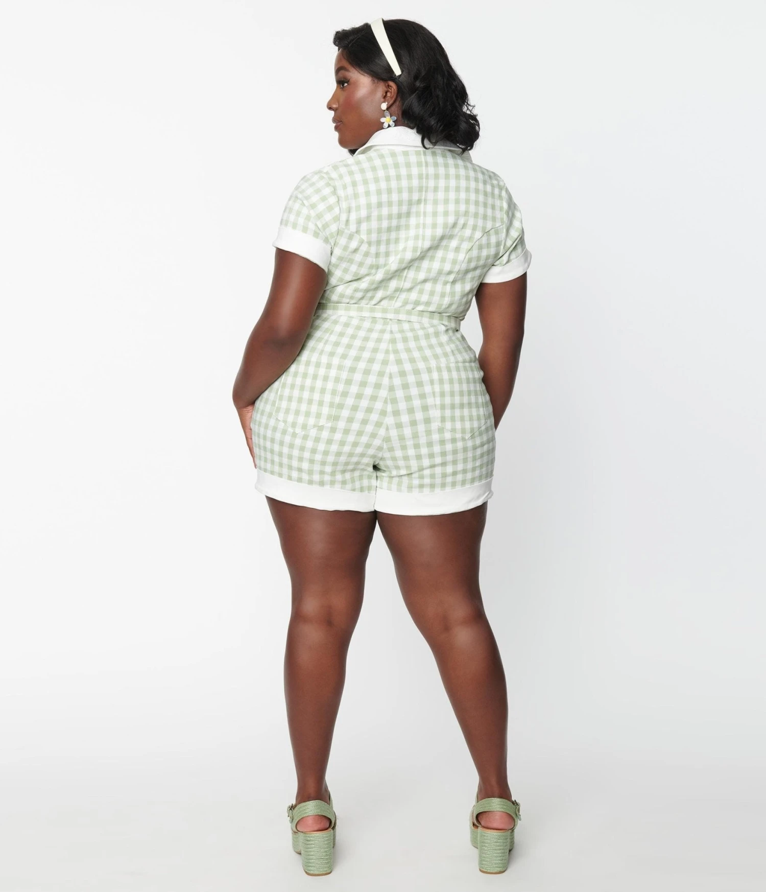Unique Vintage Plus Size Sage & White Gingham Patsy Romper 3 Unique Vintage Plus Size Sage & White Gingham Patsy Romper - Image 3