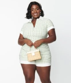 Unique Vintage Plus Size Sage & White Gingham Patsy Romper 10 Unique Vintage Plus Size Sage & White Gingham Patsy Romper -Pleaser Clothing Store unique vintage plus size sage white gingham patsy romper 948319