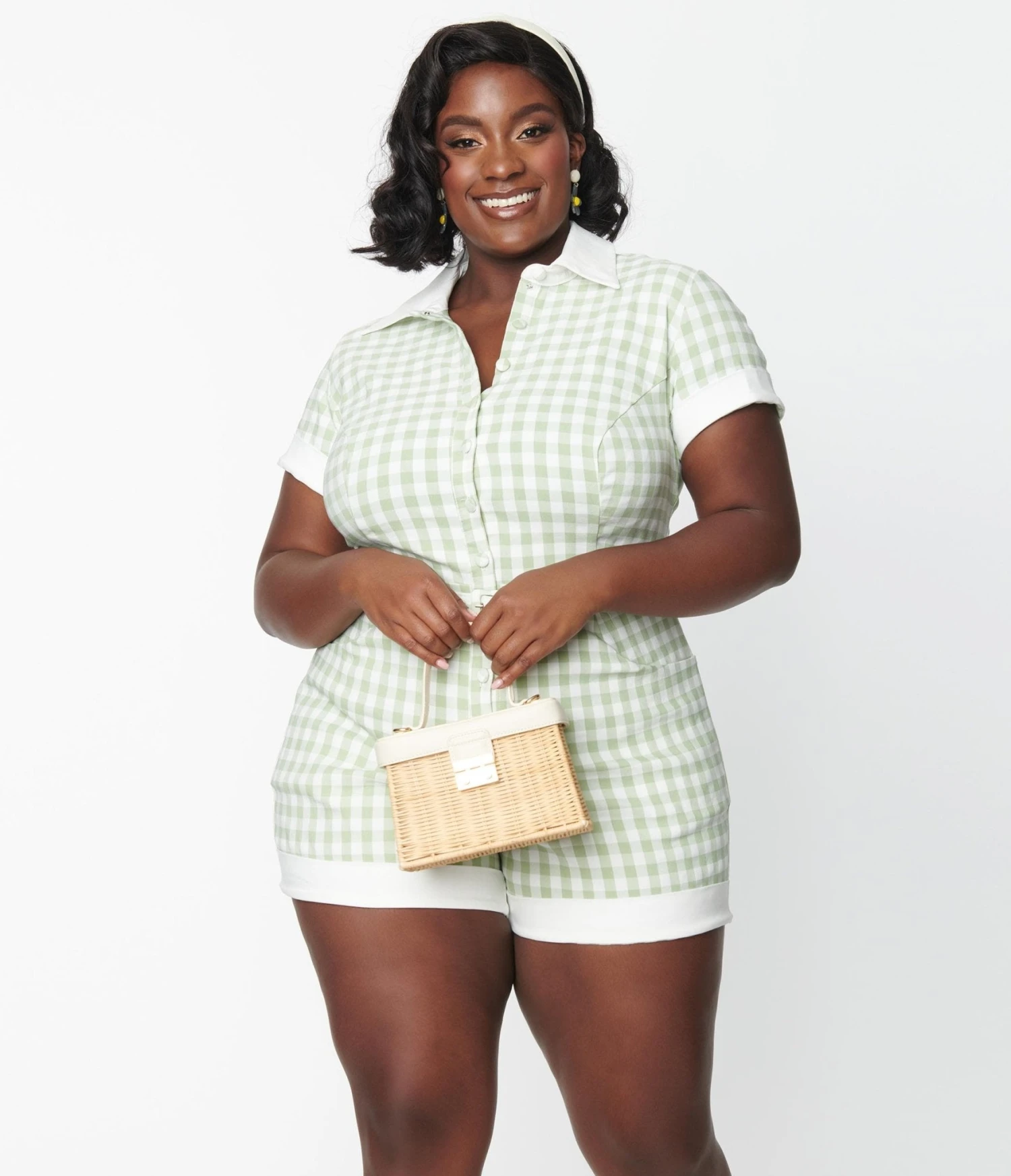 Unique Vintage Plus Size Sage & White Gingham Patsy Romper 5 Unique Vintage Plus Size Sage & White Gingham Patsy Romper - Image 5