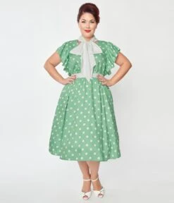 Unique Vintage Plus Size Sage & White Polka Dot Flutter Swing Dress
