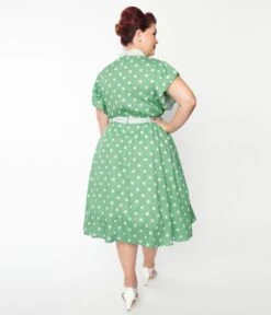 Unique Vintage Plus Size Sage & White Polka Dot Flutter Swing Dress -Pleaser Clothing Store unique vintage plus size sage white polka dot flutter swing dress 562076