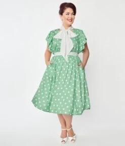 Unique Vintage Plus Size Sage & White Polka Dot Flutter Swing Dress -Pleaser Clothing Store unique vintage plus size sage white polka dot flutter swing dress 649696