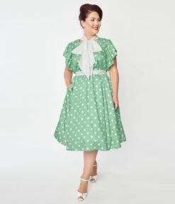 Unique Vintage Plus Size Sage & White Polka Dot Flutter Swing Dress -Pleaser Clothing Store unique vintage plus size sage white polka dot flutter swing dress 740001