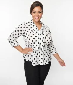 Unique Vintage Plus Size Sheer White & Black Dot Olivia Blouse -Pleaser Clothing Store unique vintage plus size sheer white black dot olivia blouse 599093