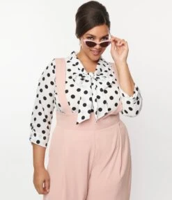 Unique Vintage Plus Size Sheer White & Black Dot Olivia Blouse -Pleaser Clothing Store unique vintage plus size sheer white black dot olivia blouse 919607