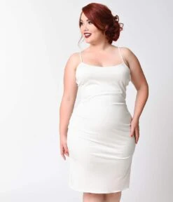 Unique Vintage Plus Size Short White Stretch Slip -Pleaser Clothing Store unique vintage plus size short white stretch slip 354562