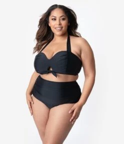 Unique Vintage Plus Size Solid Black Georgiana High Waist Swim Bottoms
