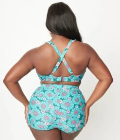 Unique Vintage Plus Size Teal Flower Child Halter Swim Top -Pleaser Clothing Store unique vintage plus size teal flower child halter swim top 999342