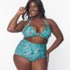 Unique Vintage Plus Size Teal Flower Child Monroe Halter Swim Top