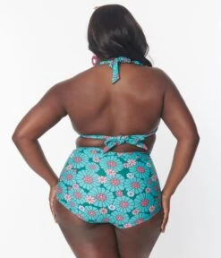 Unique Vintage Plus Size Teal Flower Child Monroe Swim Bottom -Pleaser Clothing Store unique vintage plus size teal flower child monroe swim bottom 766000