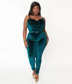 Unique Vintage Plus Size Teal Velvet Jumpsuit