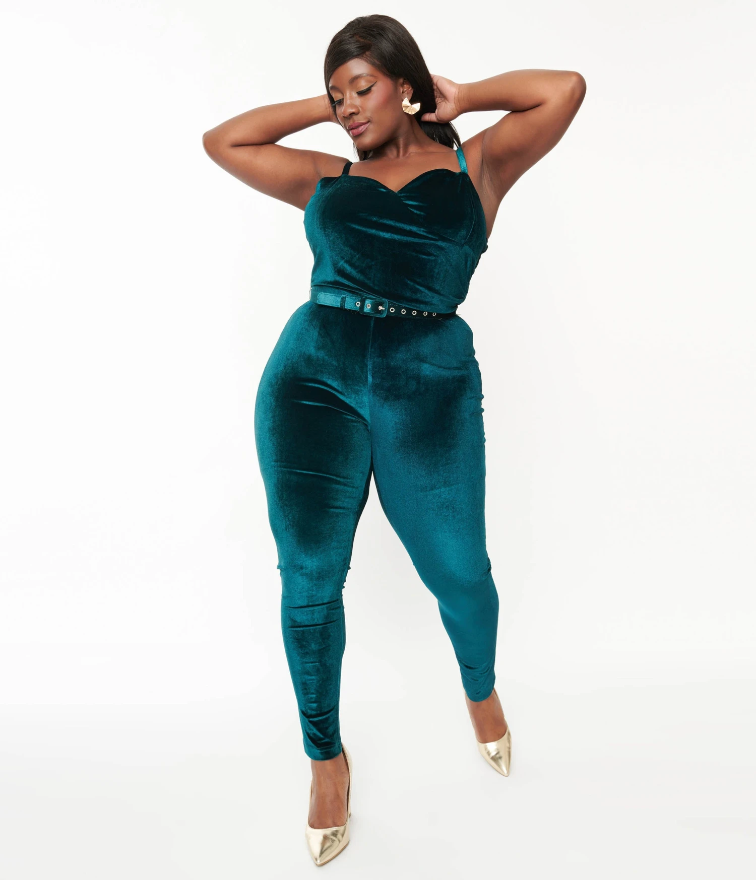Unique Vintage Plus Size Teal Velvet Jumpsuit 2 Unique Vintage Plus Size Teal Velvet Jumpsuit - Image 2