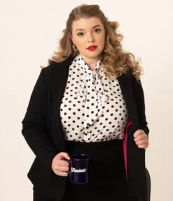 Unique Vintage Plus Size White & Black Polka Dot Neck Tie Gwen Blouse -Pleaser Clothing Store unique vintage plus size white black polka dot neck tie gwen blouse 812155