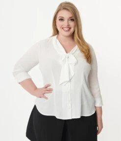 Unique Vintage Plus Size White Bow Olivia Blouse -Pleaser Clothing Store unique vintage plus size white bow olivia blouse 798755