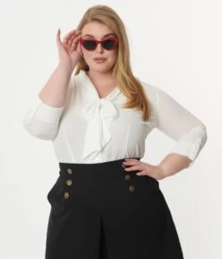 Unique Vintage Plus Size White Bow Olivia Blouse -Pleaser Clothing Store unique vintage plus size white bow olivia blouse 851138