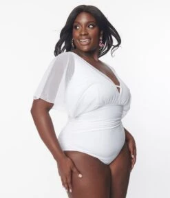 Unique Vintage Plus Size White Mesh Sleeved Torrey Swimsuit -Pleaser Clothing Store unique vintage plus size white mesh sleeved torrey swimsuit 886698