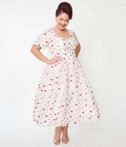 Unique Vintage Plus Size White & Multi Hearts Crinkle Libby Swing Dress -Pleaser Clothing Store unique vintage plus size white multi hearts crinkle libby swing dress 155191