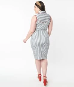 Unique Vintage Plus Size White & Navy Stripe Wiggle Dress -Pleaser Clothing Store unique vintage plus size white navy stripe wiggle dress 275680