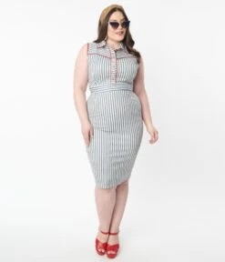 Unique Vintage Plus Size White & Navy Stripe Wiggle Dress -Pleaser Clothing Store unique vintage plus size white navy stripe wiggle dress 461148