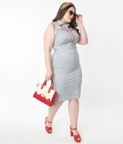 Unique Vintage Plus Size White & Navy Stripe Wiggle Dress -Pleaser Clothing Store unique vintage plus size white navy stripe wiggle dress 966909