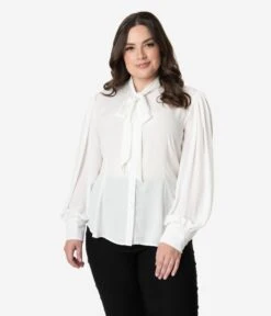 Unique Vintage Plus Size White Neck Tie Gwen Blouse -Pleaser Clothing Store unique vintage plus size white neck tie gwen blouse 929017