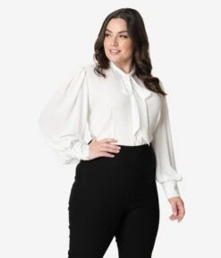 Unique Vintage Plus Size White Neck Tie Gwen Blouse