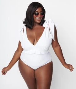 Unique Vintage Plus Size White Plunge One Piece Swimsuit -Pleaser Clothing Store unique vintage plus size white plunge one piece swimsuit 255067