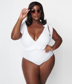Unique Vintage Plus Size White Plunge One Piece Swimsuit -Pleaser Clothing Store unique vintage plus size white plunge one piece swimsuit 286773