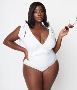 Unique Vintage Plus Size White Plunge One Piece Swimsuit -Pleaser Clothing Store unique vintage plus size white plunge one piece swimsuit 424811