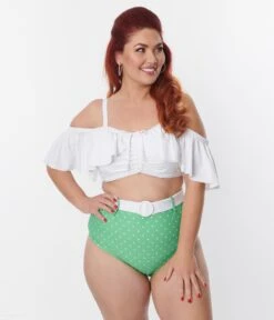 Unique Vintage Plus Size White Ruffle Swim Top -Pleaser Clothing Store unique vintage plus size white ruffle swim top 184431