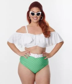 Unique Vintage Plus Size White Ruffle Swim Top -Pleaser Clothing Store unique vintage plus size white ruffle swim top 301549