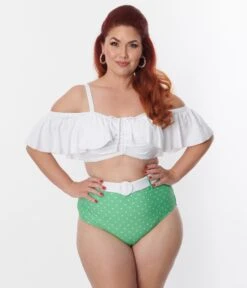 Unique Vintage Plus Size White Ruffle Swim Top -Pleaser Clothing Store unique vintage plus size white ruffle swim top 321319