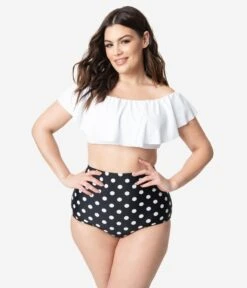 Unique Vintage Plus Size White Ruffled Ramona Swim Top -Pleaser Clothing Store unique vintage plus size white ruffled ramona swim top 912529