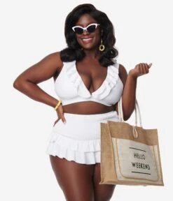Unique Vintage Plus Size White Shirred Skirt Swim Bottom -Pleaser Clothing Store unique vintage plus size white shirred skirt swim bottom 561295