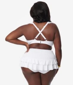 Unique Vintage Plus Size White Shirred Skirt Swim Bottom -Pleaser Clothing Store unique vintage plus size white shirred skirt swim bottom 681787