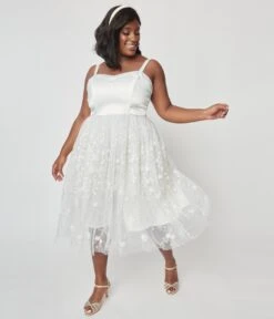 Unique Vintage Plus Size White Tulle & Floral Beading Bertie Swing Dress -Pleaser Clothing Store unique vintage plus size white tulle floral beading bertie swing dress 380516