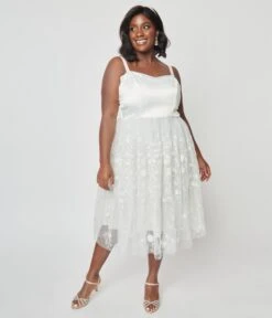 Unique Vintage Plus Size White Tulle & Floral Beading Bertie Swing Dress -Pleaser Clothing Store unique vintage plus size white tulle floral beading bertie swing dress 409561