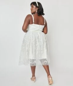 Unique Vintage Plus Size White Tulle & Floral Beading Bertie Swing Dress -Pleaser Clothing Store unique vintage plus size white tulle floral beading bertie swing dress 964215