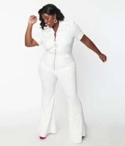Unique Vintage Plus Size White Wide Leg Rock & Roll Jumpsuit -Pleaser Clothing Store unique vintage plus size white wide leg rock roll jumpsuit 307186
