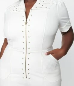 Unique Vintage Plus Size White Wide Leg Rock & Roll Jumpsuit -Pleaser Clothing Store unique vintage plus size white wide leg rock roll jumpsuit 596155