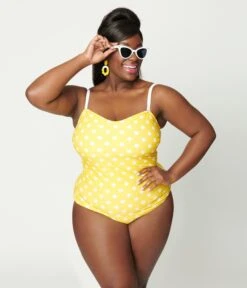 Unique Vintage Plus Size Yellow Polka Dot Barbara One Piece Swimsuit -Pleaser Clothing Store unique vintage plus size yellow polka dot barbara one piece swimsuit 749152