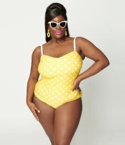 Unique Vintage Plus Size Yellow Polka Dot Barbara One Piece Swimsuit -Pleaser Clothing Store unique vintage plus size yellow polka dot barbara one piece swimsuit 823049