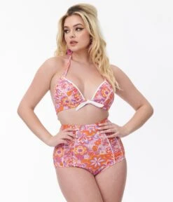 Unique Vintage Purple & Orange Bohemian Floral Print Halter Swim Top -Pleaser Clothing Store unique vintage purple orange bohemian floral print halter swim top 660783