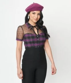 Unique Vintage Purple Plaid Addison Blouse