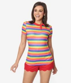 Unique Vintage Rainbow Striped Bow Sweetie Knit Top -Pleaser Clothing Store unique vintage rainbow striped bow sweetie knit top 231866