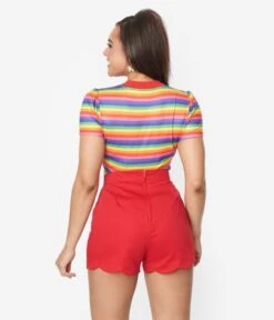 Unique Vintage Rainbow Striped Bow Sweetie Knit Top -Pleaser Clothing Store unique vintage rainbow striped bow sweetie knit top 806488